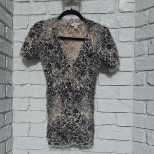 Boston Proper Black and Cream Fuzzy Button Down Sweater. Super Soft.